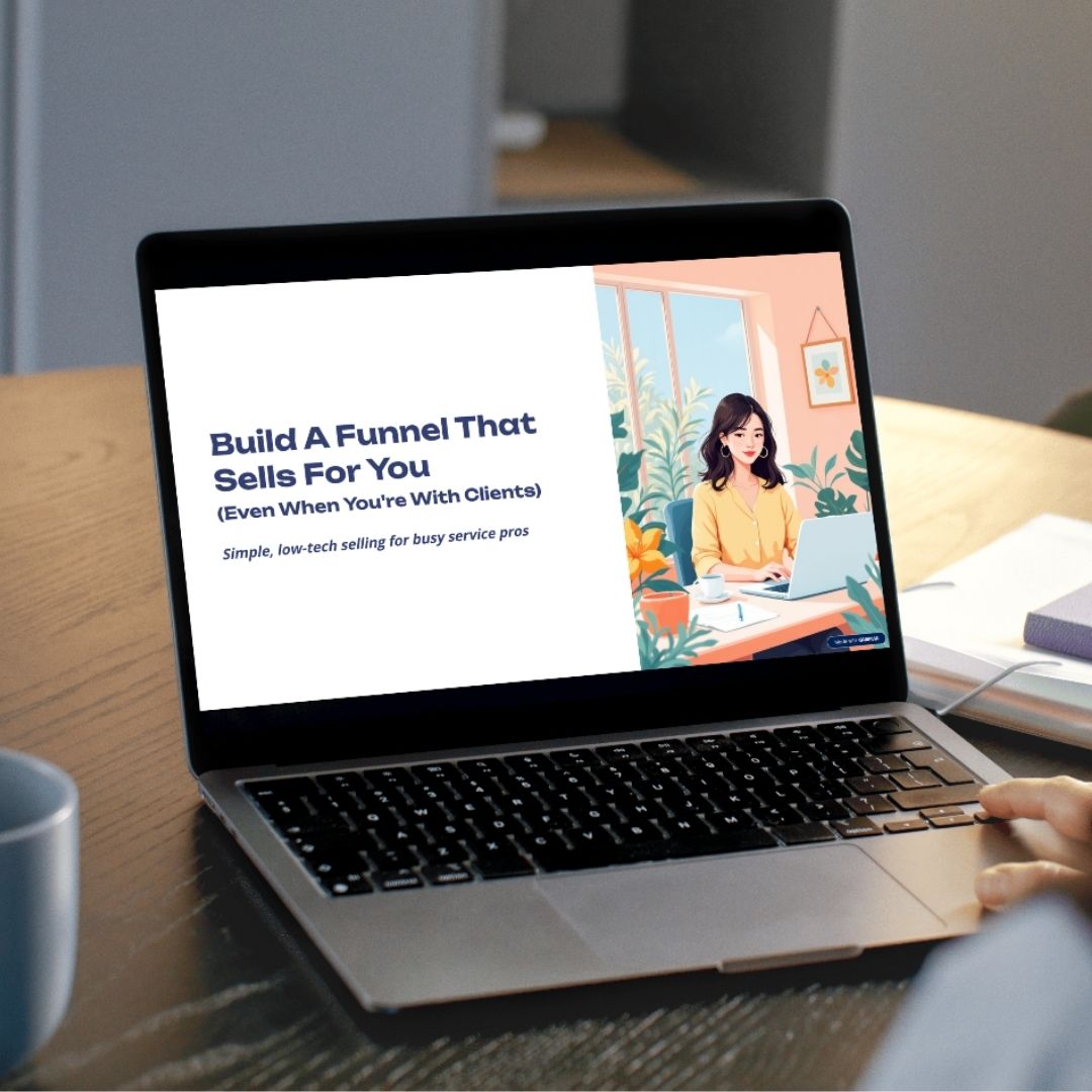Laptop on a desk with a presentation slide displayed, featuring text and an illustration of a woman.