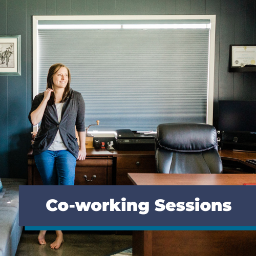 Woman standing in an office with a desk and chair, text 'Co-working Sessions' at the bottom.