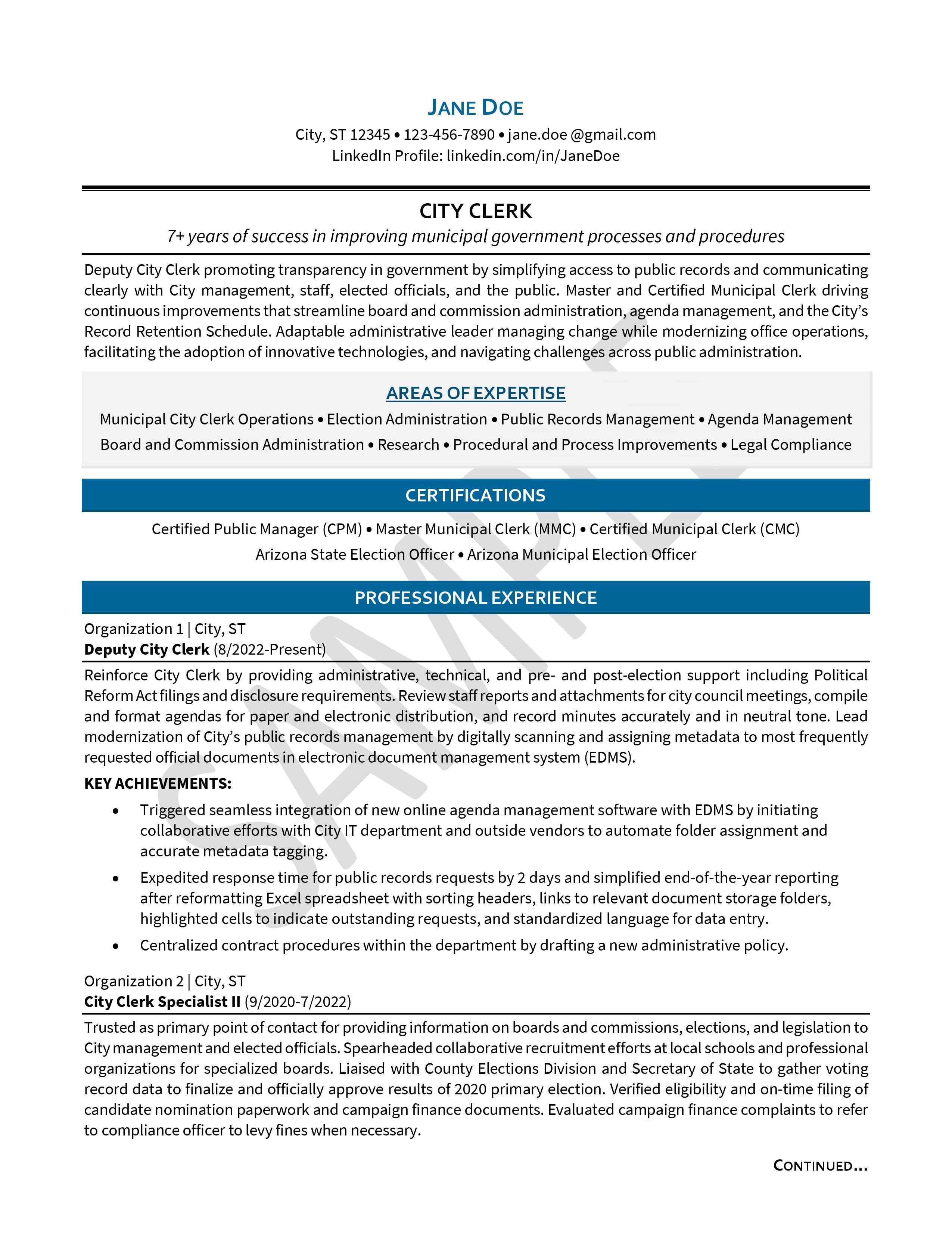 City Clerk Local Government Resume Example
