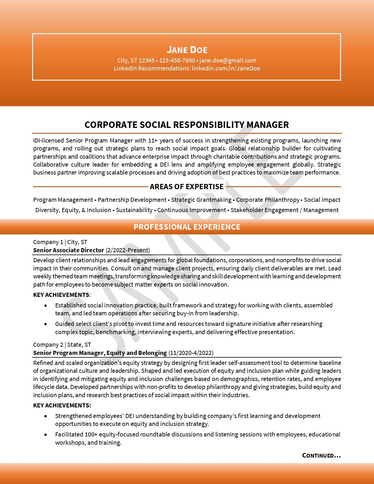 Corporate Social Responsibility Manager Resume Example