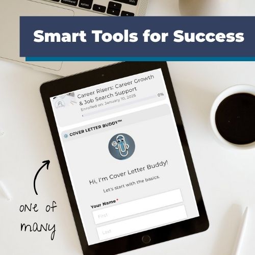Tablet displaying Career Risers job search tools including the Cover Letter Buddy for faster, expert-guided applications.