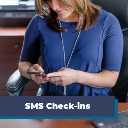 Woman using a smartphone with 'SMS Check-ins' text overlay
