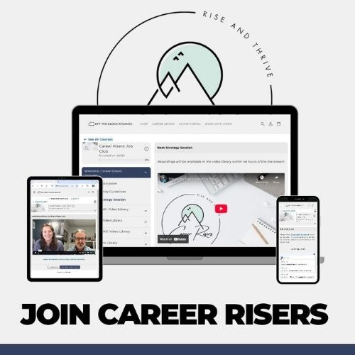 Digital Product mockup of a laptop, tablet, and smartphone demonstrating what you will find inside a career risers membership.