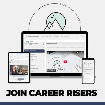 Digital Product mockup of a laptop, tablet, and smartphone demonstrating what you will find inside a career risers membership.