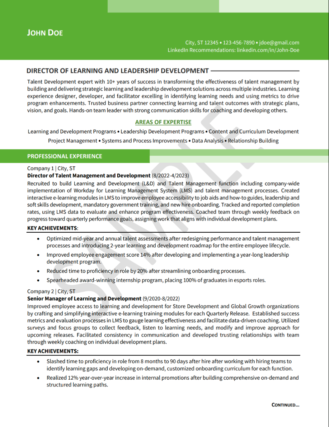 Learning & Leadership Development Director Resume Example