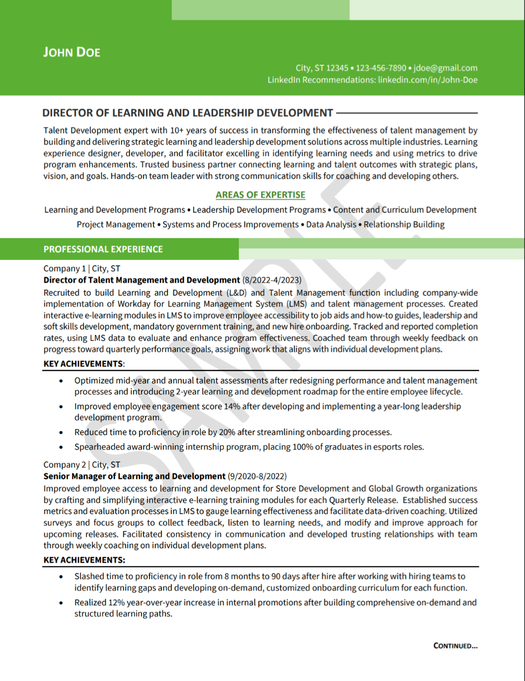 Learning & Leadership Development Director Resume Example 