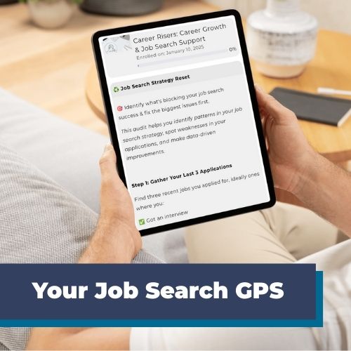 Tablet showing Career Risers Roadmap to Offers, a step-by-step guide for landing job interviews.