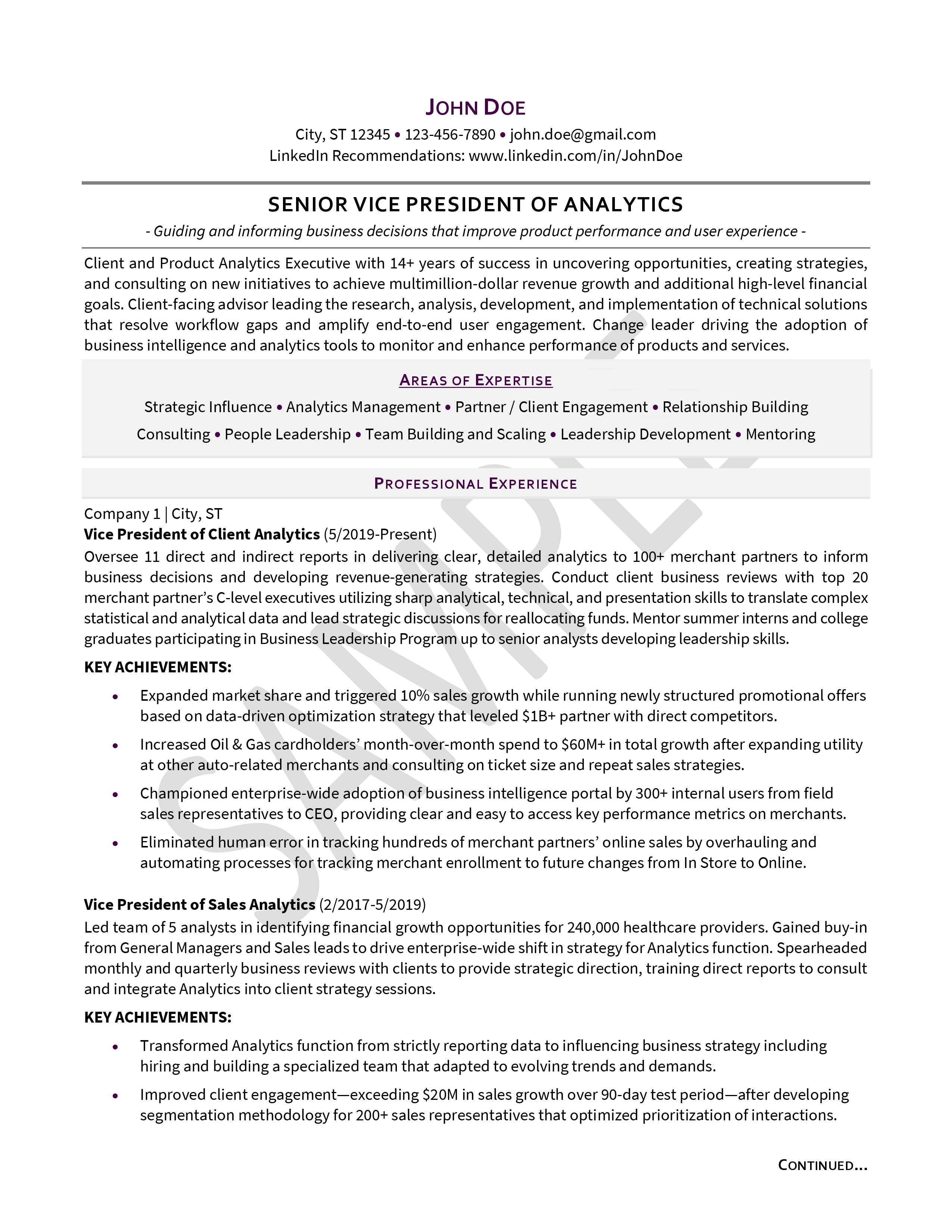 SVP of Analytics Executive Resume Example