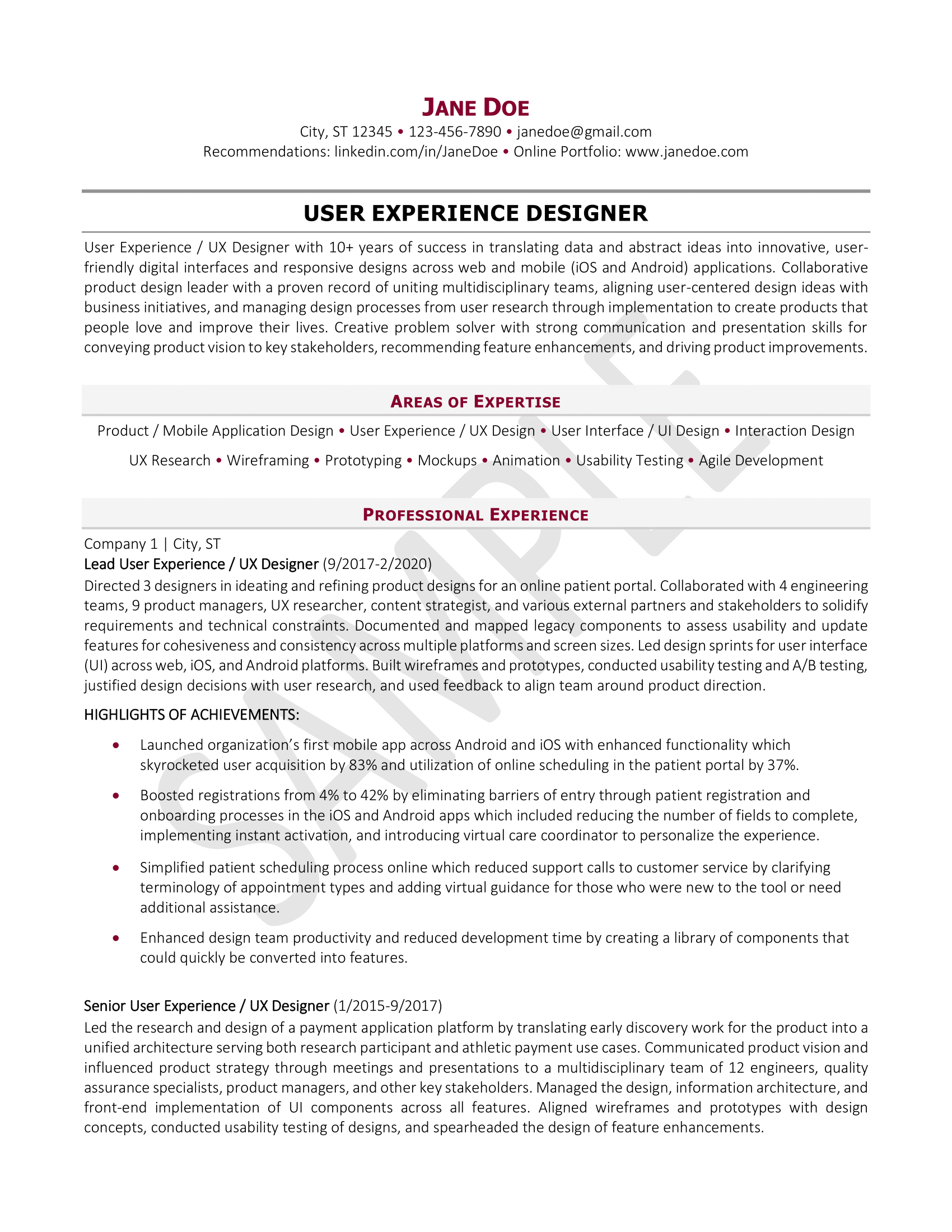 UX Designer Resume Example 