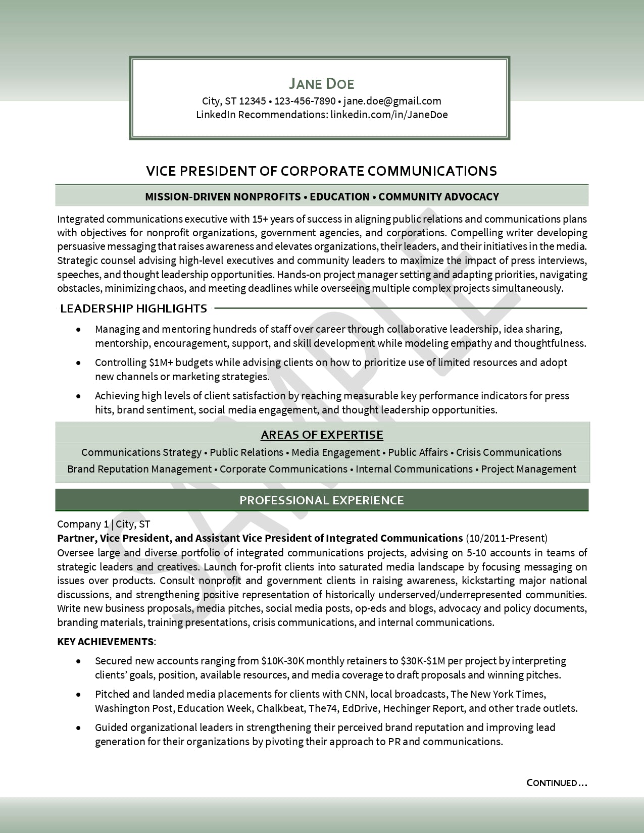 VP of Corporate Communications Executive Resume Example
